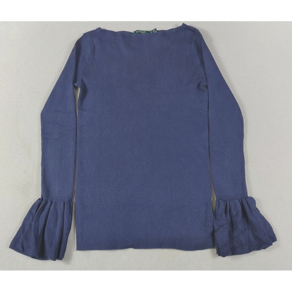 Lauren Ralph Lauren Sweater Womens XS Blue Boat Neck Bell Sleeve Ruffle Knit